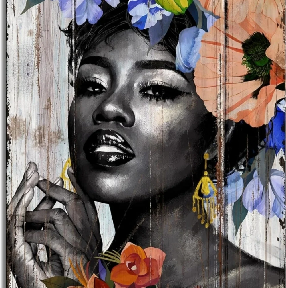 Yeawin African American Wall Art Black Girl Black Woman with Flower Canvas Wall